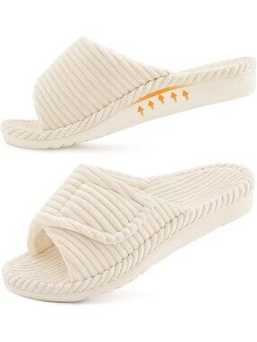 Women's Beige Orthopedic Arch Support Indoor Corduroy Open Toe Slipper Shoes